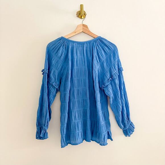 Cleobella Azariah Long Sleeve Smocked Split Neck Blouse Blue S - Picture 3 of 12